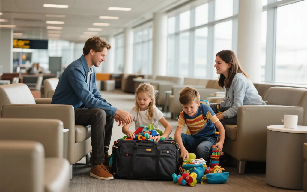 家庭游客在机场休息区整理随身包与儿童用品，氛围温暖