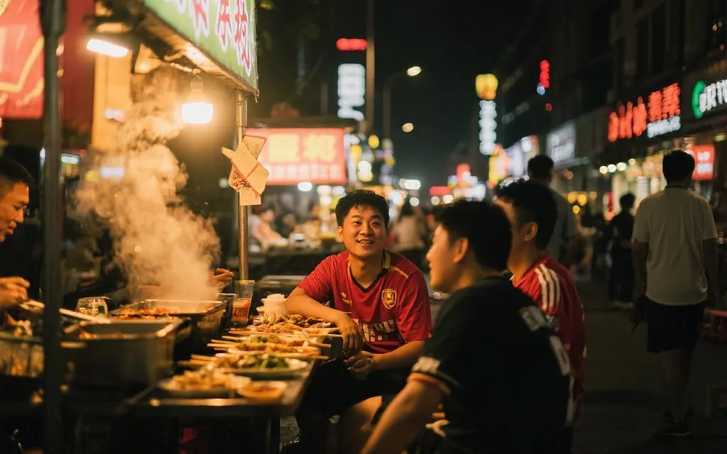 赛后深夜的城市餐馆街：灯光、热气与球迷在宵夜摊聊天