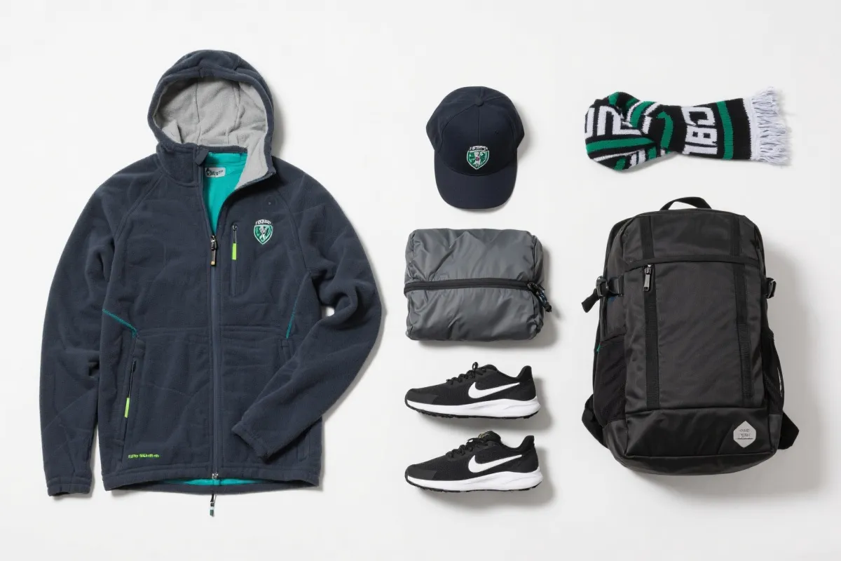 旅行平铺图：分层外套、防晒帽、围巾、舒适运动鞋与背包，城市通勤与球场元素