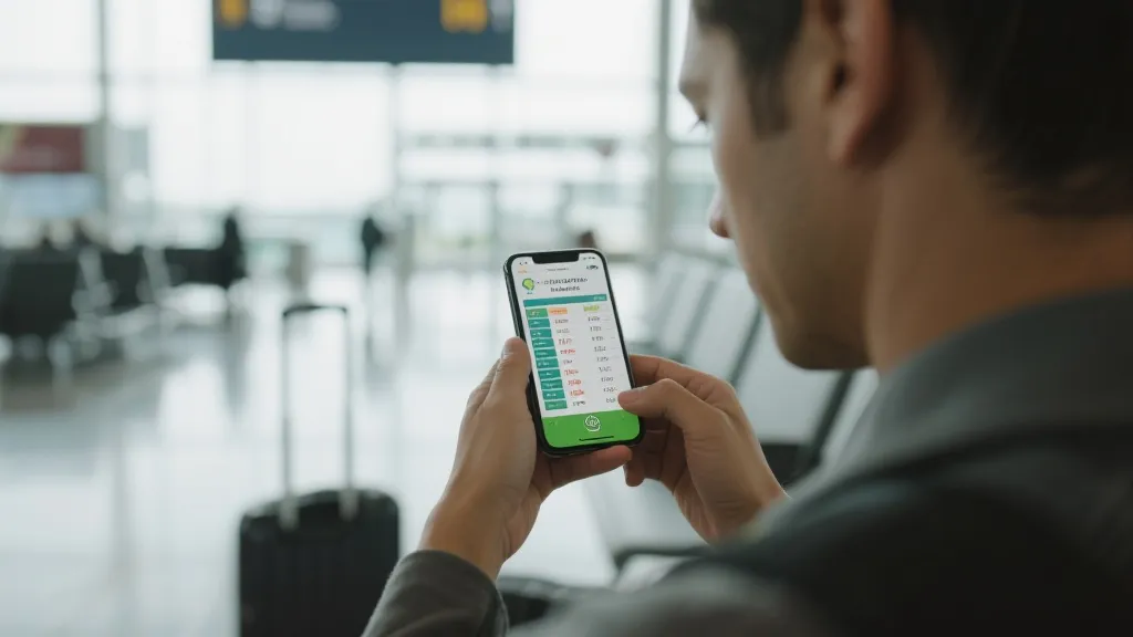 旅行者在机场用手机查看世界杯赛程与开球时间