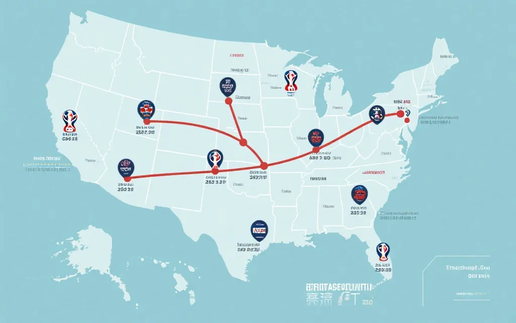 北美城市地图风格的世界杯淘汰赛旅行规划示意：航线、城市节点与比赛日程